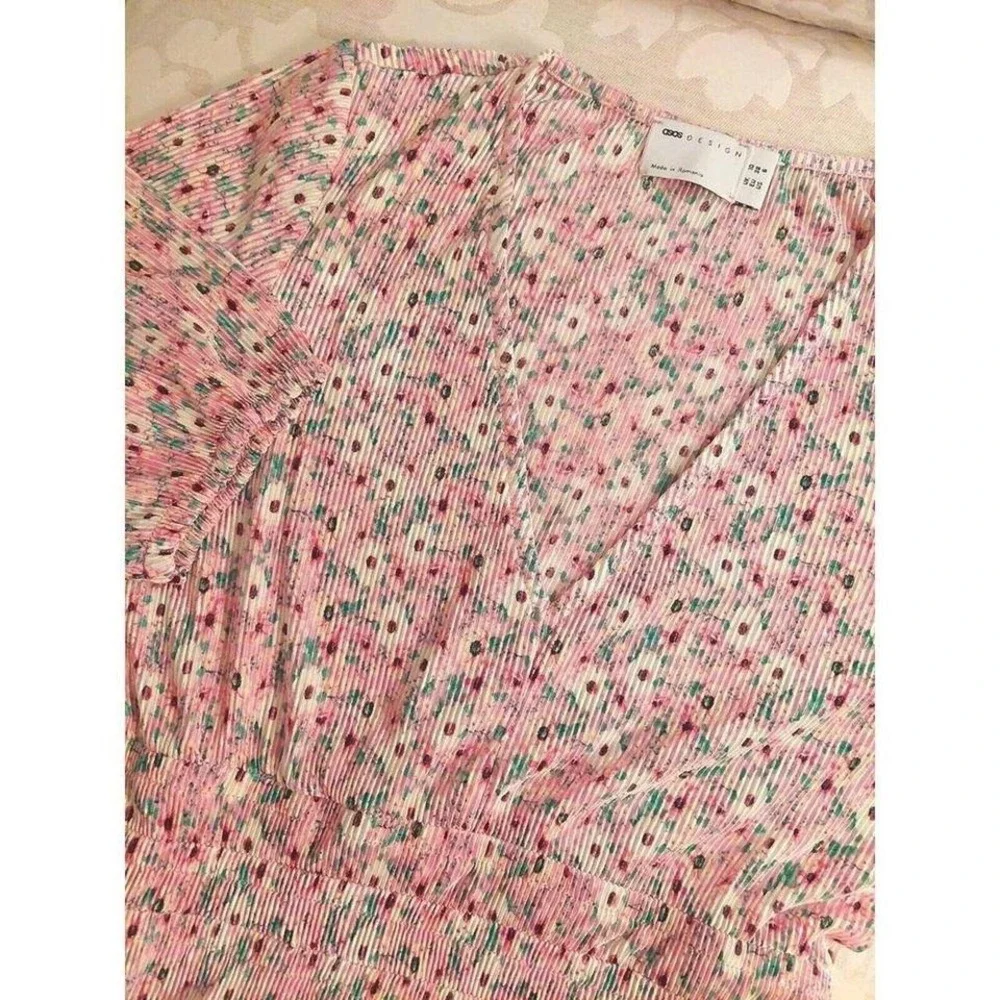 ASOS Design Shirred Waist Mini Plisse Dress In Pink Ditsy Floral US Size 6 NEW!